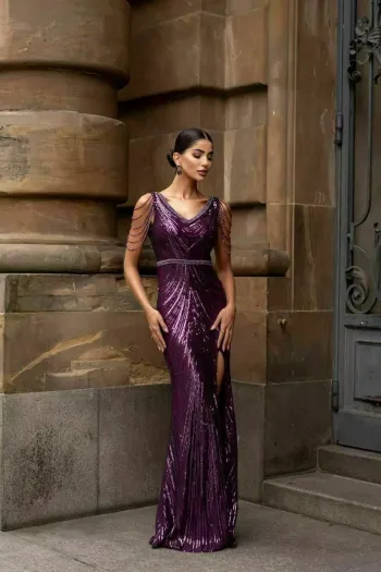 VESTIDO DE FESTA AYLA PAETÊ FRANJA OMBRO - ROXO