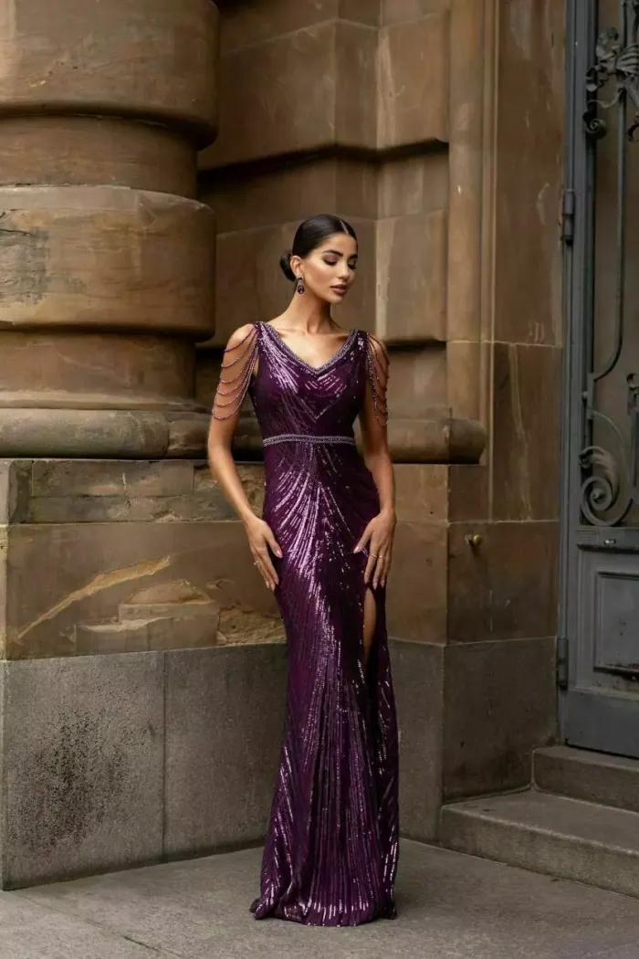 VESTIDO DE FESTA AYLA PAETÊ FRANJA OMBRO - ROXO
