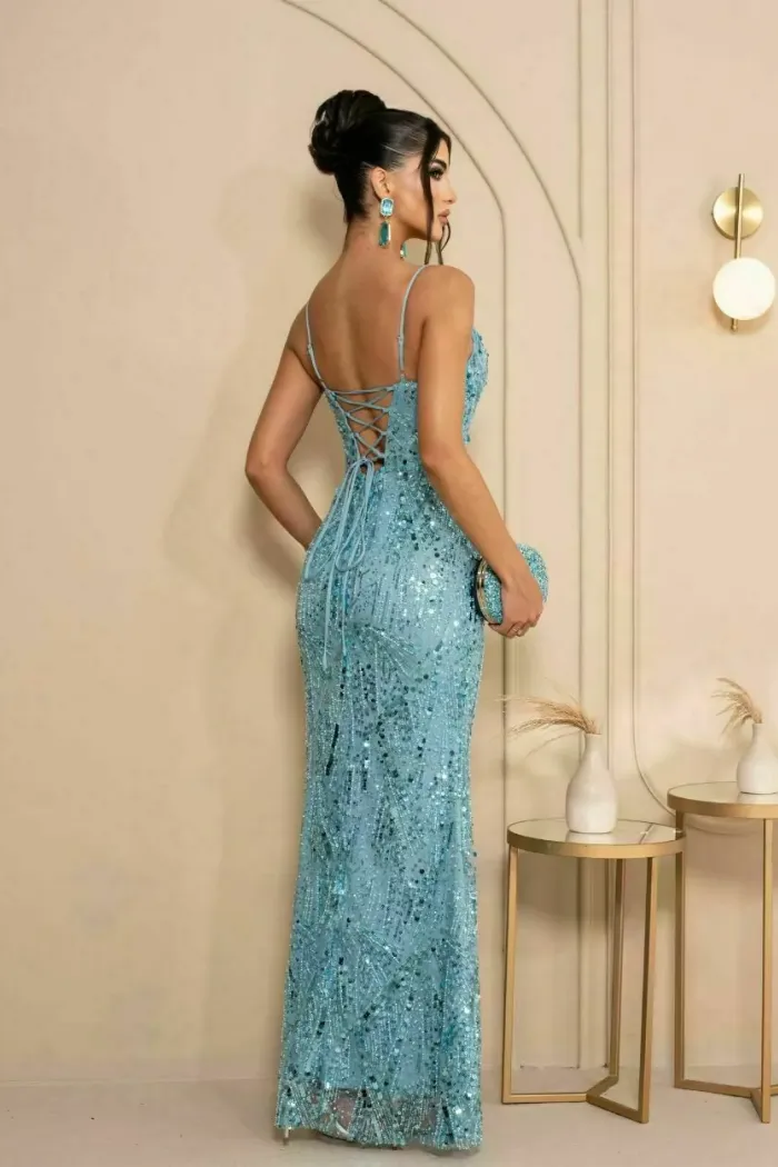 VESTIDO DE FESTA SORAYA PAETÊ SEREIA - AZUL SERENITY