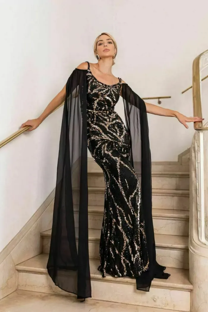 VESTIDO DE FESTA LANA PAETÊ COM CAPA - PRETO