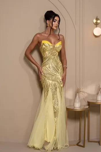 VESTIDO DE FESTA LETICIA T.Q.C PAETÊ - AMARELO