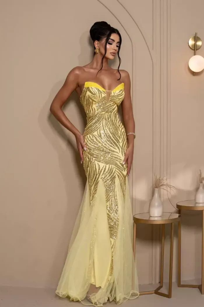 VESTIDO DE FESTA LETICIA T.Q.C PAETÊ - AMARELO