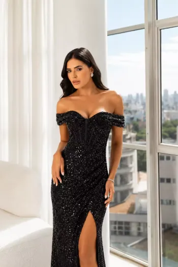 VESTIDO DE FESTA ALANA BARBATANAS PAETÊ OMBRO A OMBRO - PRETO