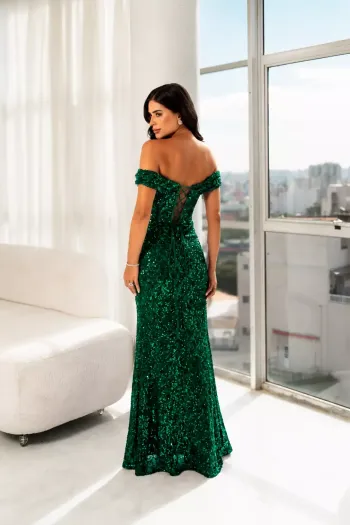 VESTIDO DE FESTA ALANA BARBATANAS PAETÊ OMBRO A OMBRO - VERDE ESMERALDA