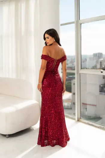 VESTIDO DE FESTA ALANA BARBATANAS PAETÊ OMBRO A OMBRO - MARSALA