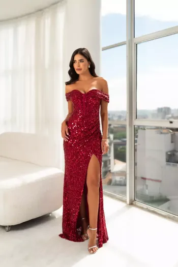 VESTIDO DE FESTA ALANA BARBATANAS PAETÊ OMBRO A OMBRO - MARSALA