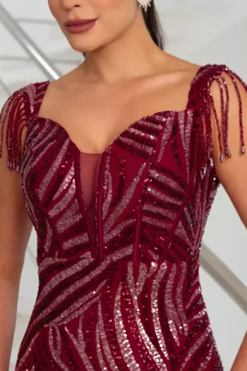 VESTIDO DE FESTA EMILLY OMBRO A OMBRO PAETÊ - MARSALA