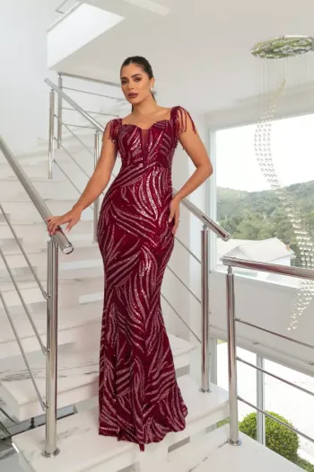 VESTIDO DE FESTA EMILLY OMBRO A OMBRO PAETÊ - MARSALA