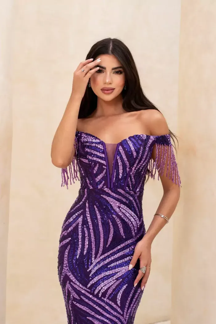 VESTIDO DE FESTA EMILLY OMBRO A OMBRO PAETÊ - ROXO