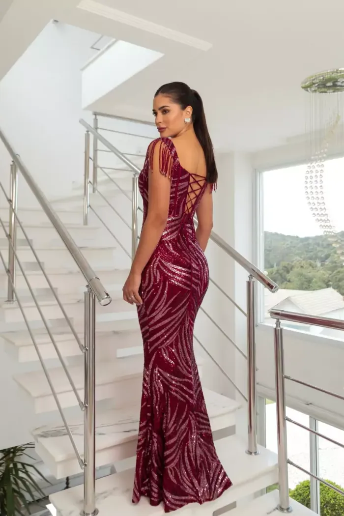 VESTIDO DE FESTA EMILLY OMBRO A OMBRO PAETÊ - MARSALA