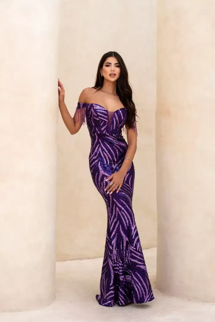 VESTIDO DE FESTA EMILLY OMBRO A OMBRO PAETÊ - ROXO