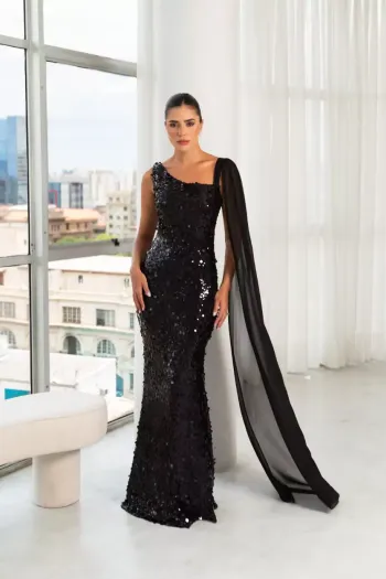 VESTIDO DE FESTA SELENA PAETÊ CAPA UNILATERAL - PRETO