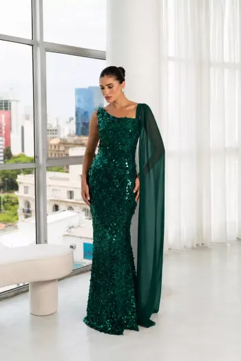 VESTIDO DE FESTA SELENA PAETÊ CAPA UNILATERAL - VERDE ESMERALDA