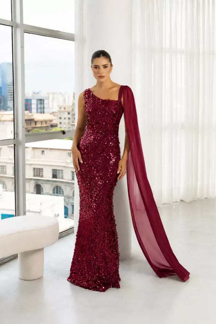 VESTIDO DE FESTA SELENA PAETÊ CAPA UNILATERAL - MARSALA