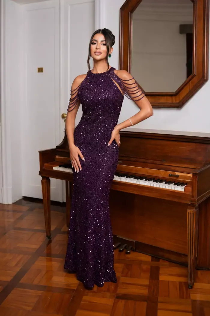 VESTIDO DE FESTA SAMANTA PAETÊ GOLA ALTA - ROXO