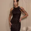 VESTIDO DE FESTA SAMANTA PAETÊ GOLA ALTA - MARROM