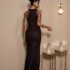 VESTIDO DE FESTA SAMANTA PAETÊ GOLA ALTA - MARROM