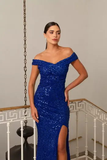 VESTIDO DE FESTA TAYNARA OMBRO A OMBRO FENDA PAETÊ - AZUL ROYAL