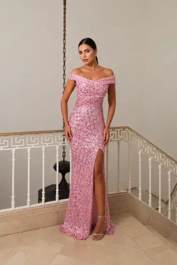 VESTIDO DE FESTA TAYNARA OMBRO A OMBRO FENDA PAETÊ - ROSA
