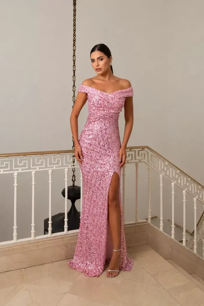 VESTIDO DE FESTA TAYNARA OMBRO A OMBRO FENDA PAETÊ - ROSA