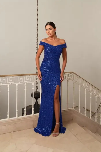 VESTIDO DE FESTA TAYNARA OMBRO A OMBRO FENDA PAETÊ - AZUL ROYAL