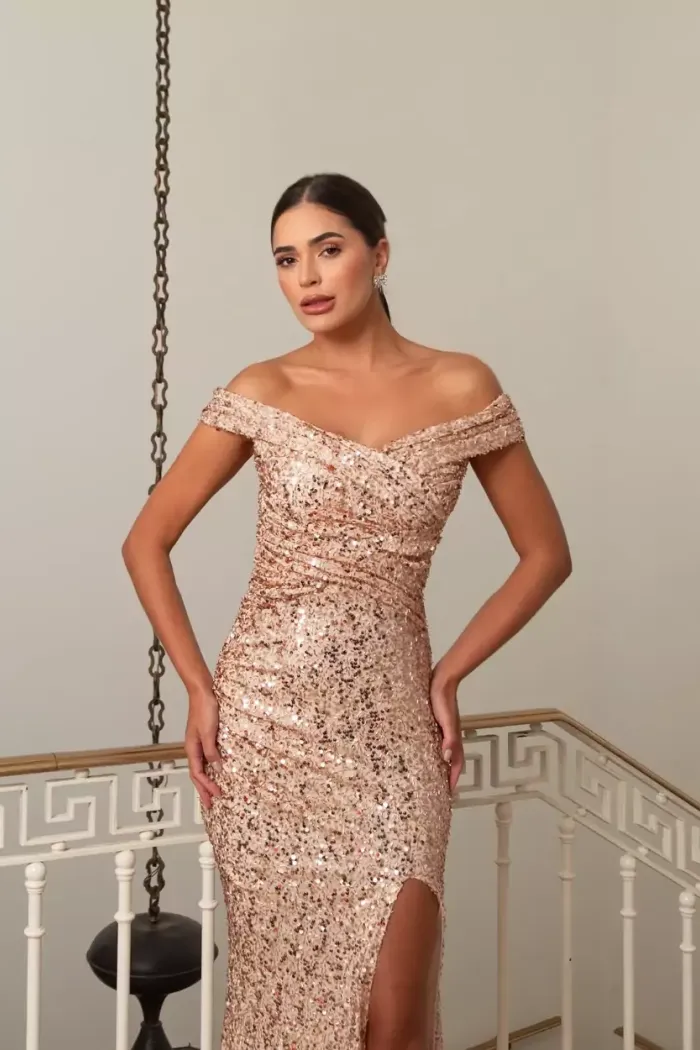 VESTIDO DE FESTA TAYNARA OMBRO A OMBRO FENDA PAETÊ - ROSA