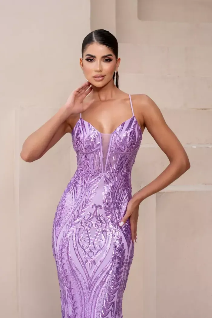 VESTIDO DE FESTA SÔFIA DECOTE V PAETÊ - LILÁS