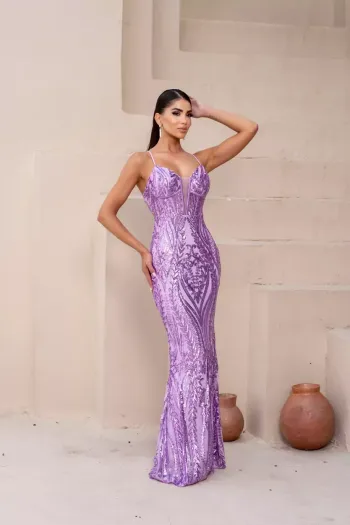 VESTIDO DE FESTA SÔFIA DECOTE V PAETÊ - LILÁS