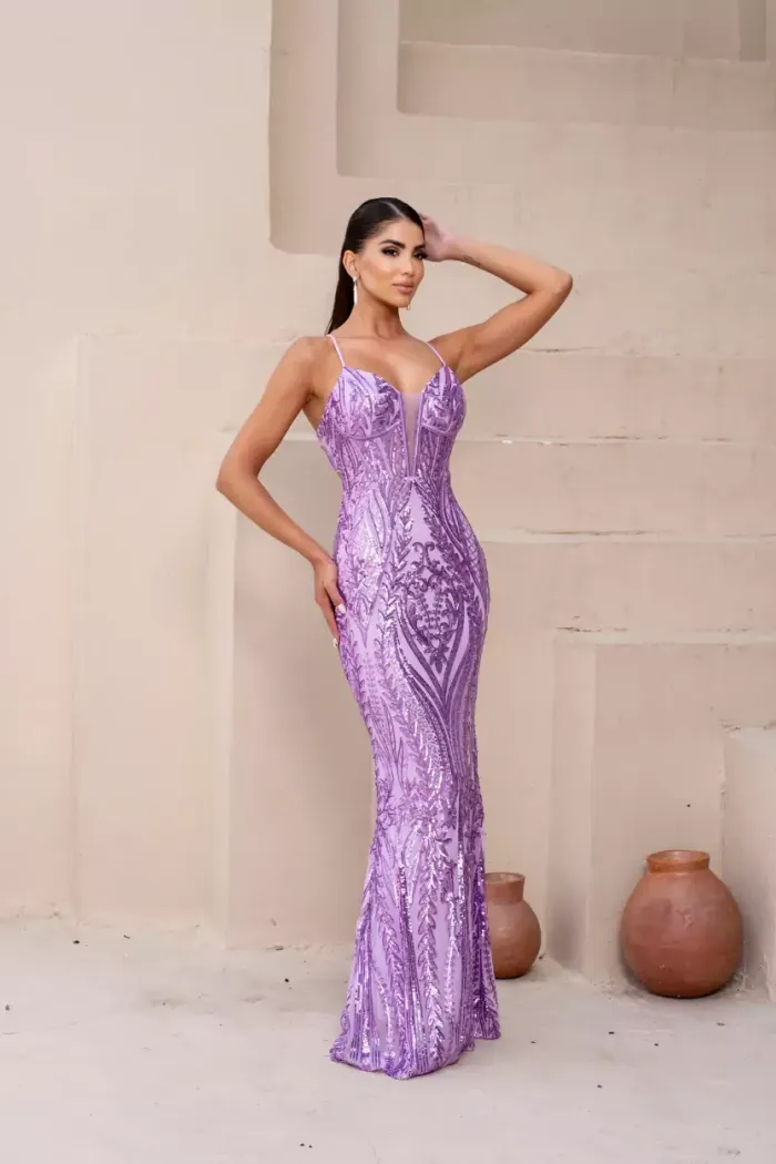VESTIDO DE FESTA SÔFIA DECOTE V PAETÊ - LILÁS