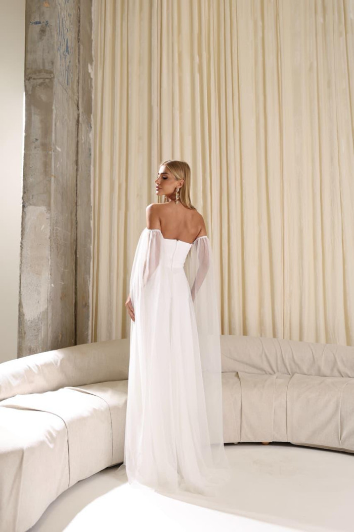 VESTIDO LONGO MILENE MICROTULE BUSTO DRAPEADO - OFF WHITE