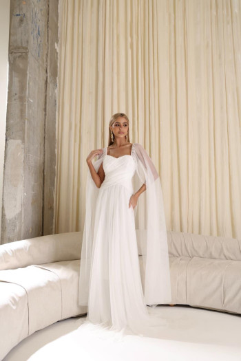 VESTIDO LONGO MILENE MICROTULE BUSTO DRAPEADO - OFF WHITE