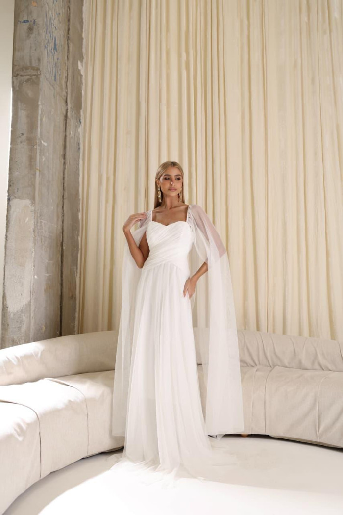 VESTIDO LONGO MILENE MICROTULE BUSTO DRAPEADO - OFF WHITE