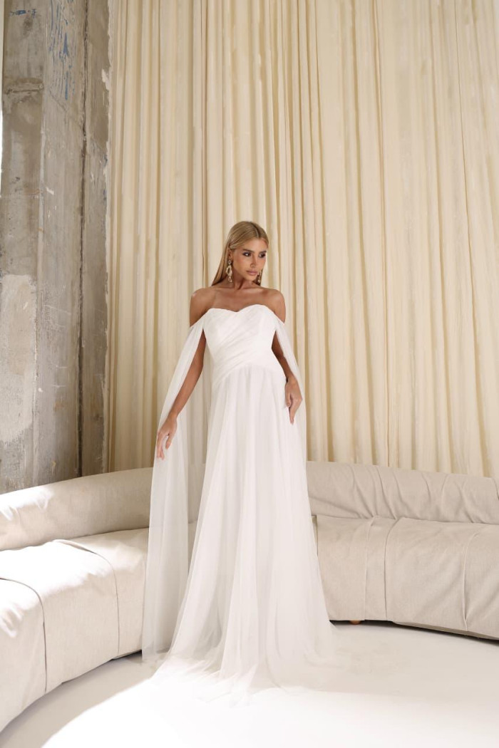 VESTIDO LONGO MILENE MICROTULE BUSTO DRAPEADO - OFF WHITE