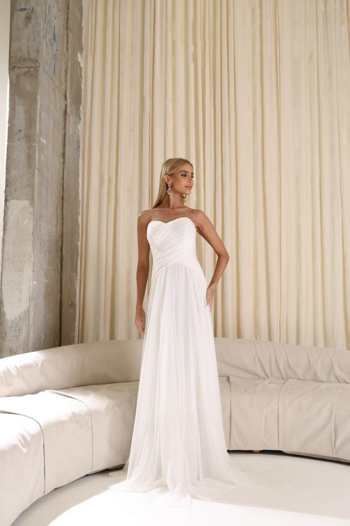 VESTIDO LONGO MILENE MICROTULE BUSTO DRAPEADO - OFF WHITE