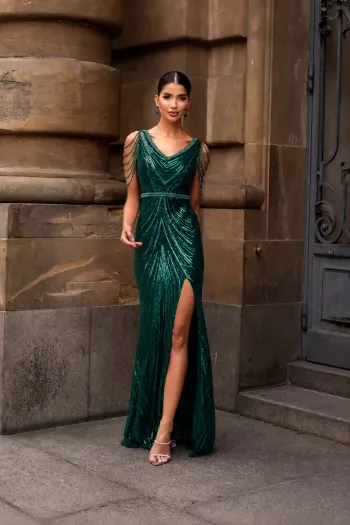 VESTIDO DE FESTA AYLA PAETÊ FRANJA OMBRO - VERDE ESMERALDA