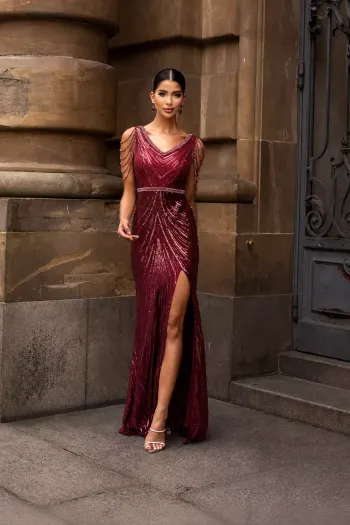 VESTIDO DE FESTA AYLA PAETÊ FRANJA OMBRO - MARSALA