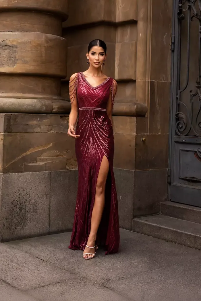 VESTIDO DE FESTA AYLA PAETÊ FRANJA OMBRO - MARSALA