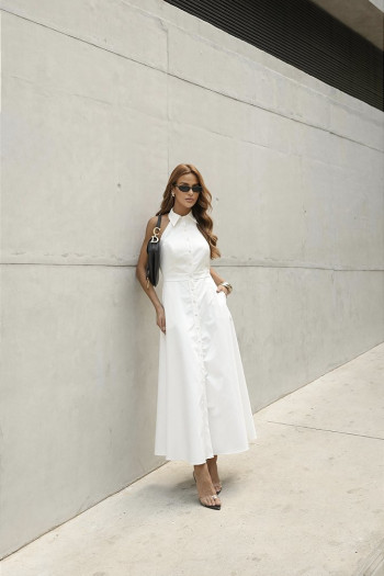 VESTIDO LONGUETE BOTÕES FRENTE ÚNICA COM GOLA - BRANCO