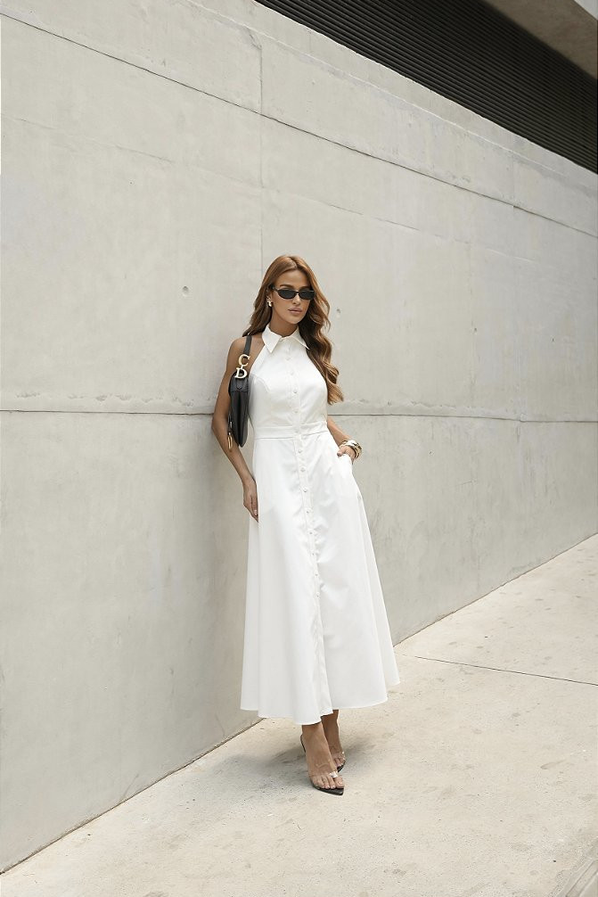 VESTIDO LONGUETE BOTÕES FRENTE ÚNICA COM GOLA - BRANCO