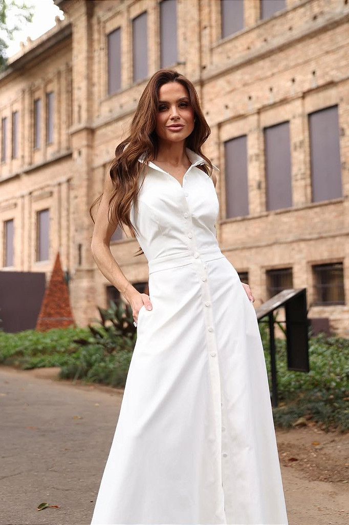VESTIDO LONGUETE BOTÕES FRENTE ÚNICA COM GOLA - BRANCO