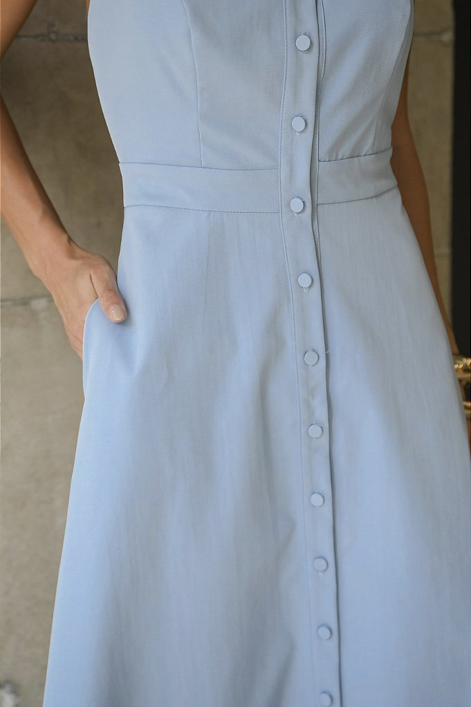VESTIDO LONGUETE BOTÕES FRENTE ÚNICA COM GOLA - AZUL