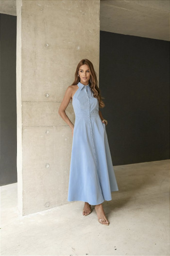 VESTIDO LONGUETE BOTÕES FRENTE ÚNICA COM GOLA - AZUL