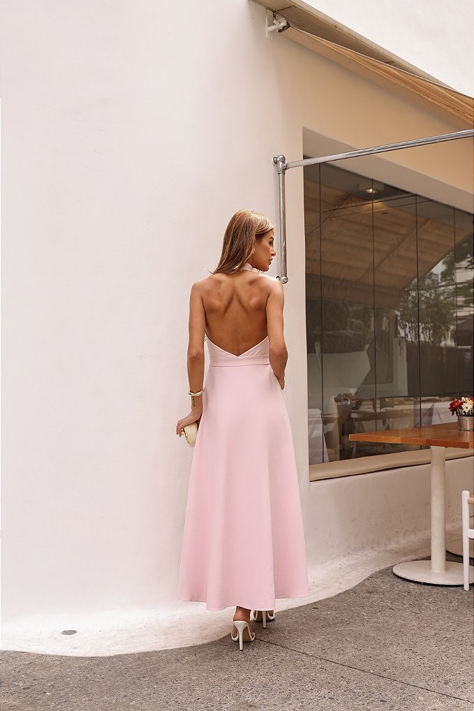 VESTIDO LONGUETE BOTÕES FRENTE ÚNICA COM GOLA - ROSA