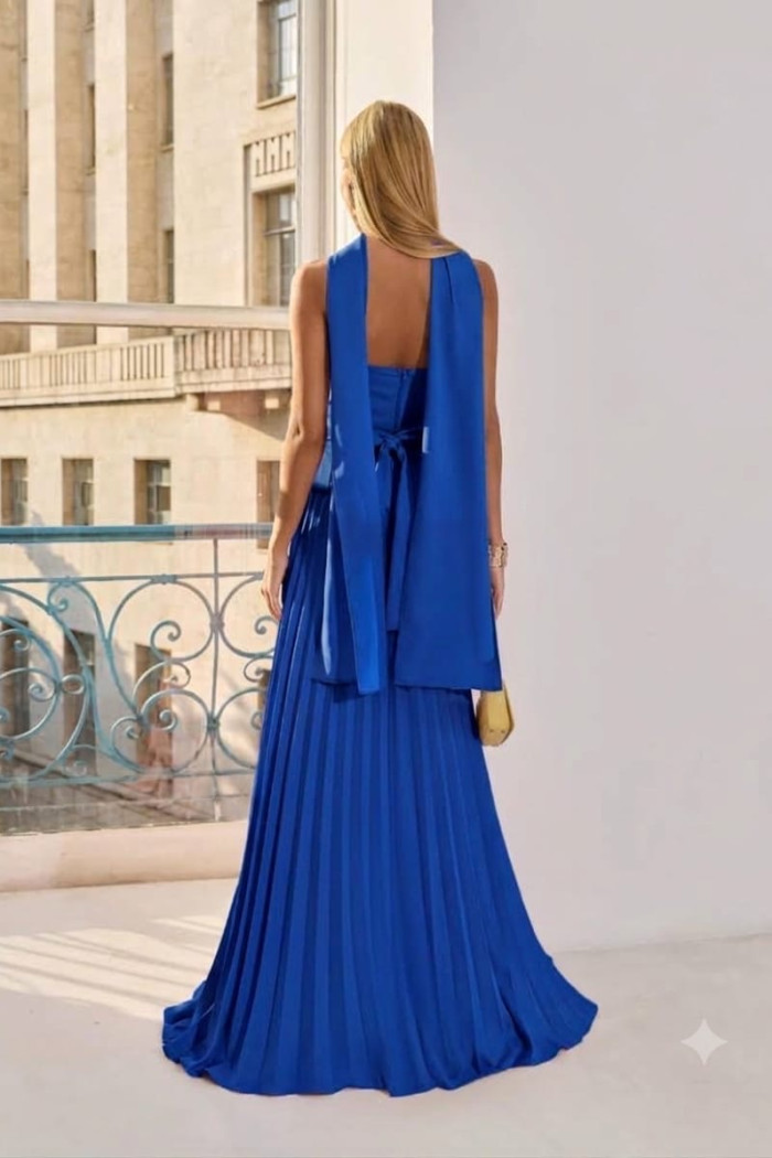 VESTIDO DE FESTA MAITÊ SAIA PLISSADA CHOKER - AZUL ROYAL
