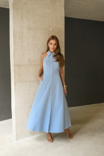 VESTIDO LONGUETE BOTÕES FRENTE ÚNICA COM GOLA - AZUL