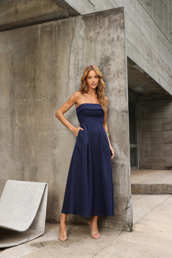 VESTIDO JACQUELINE LONGUETE PALA DOBRADA - AZUL MARINHO