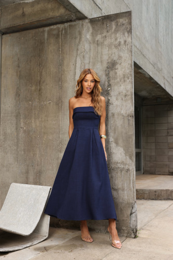 VESTIDO JACQUELINE LONGUETE PALA DOBRADA - AZUL MARINHO
