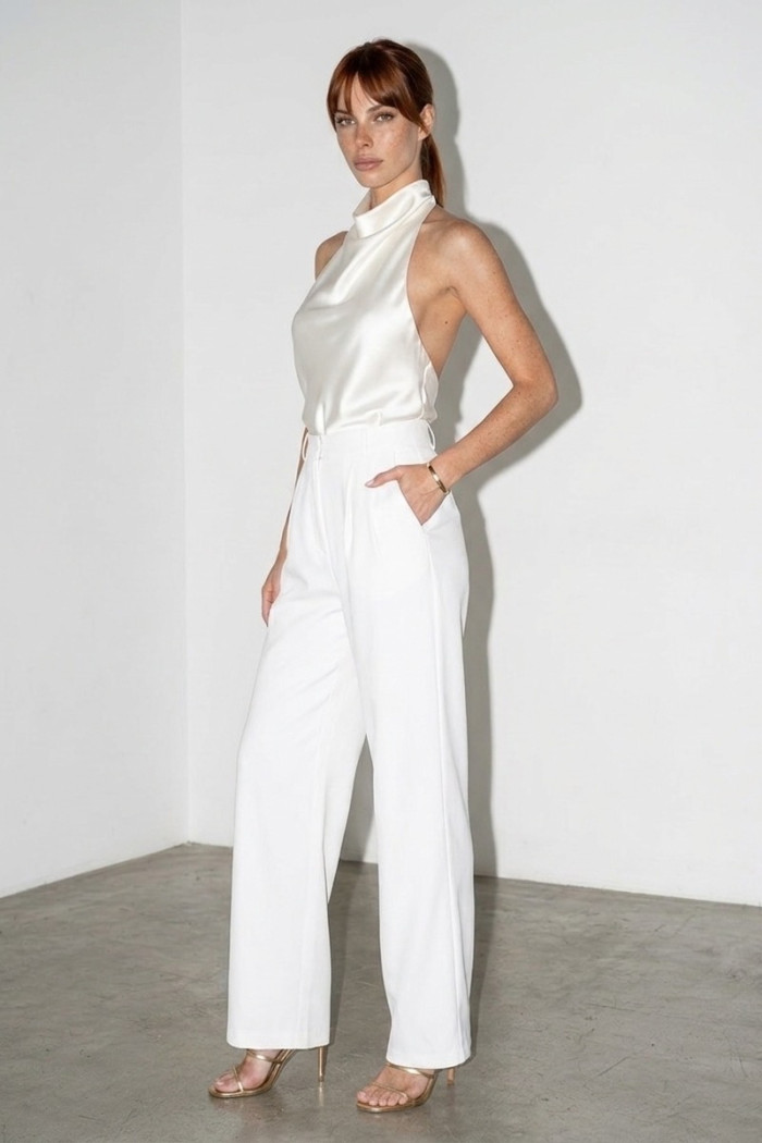 CALÇA PANTALONA LAURA PREGAS NUANCES - OFF WHITE