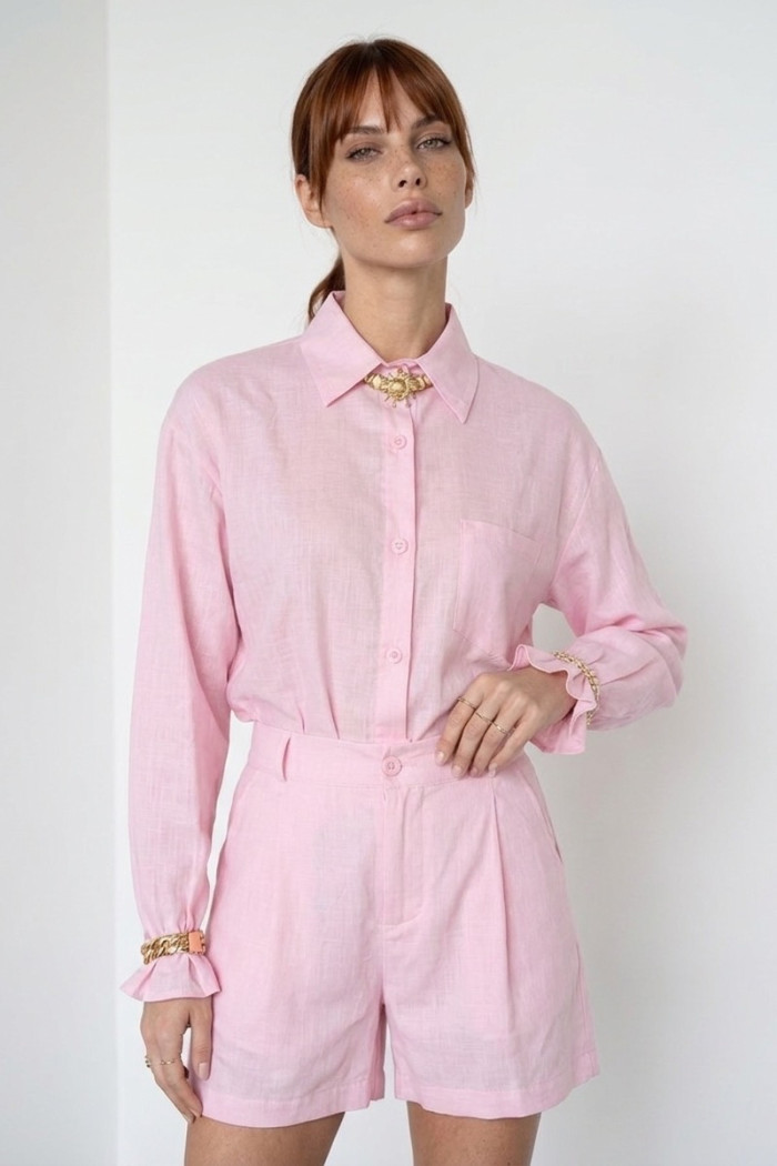 CONJUNTO LINHO FERNANDA CAMISA E SHORT NUANCES - ROSA CLARO