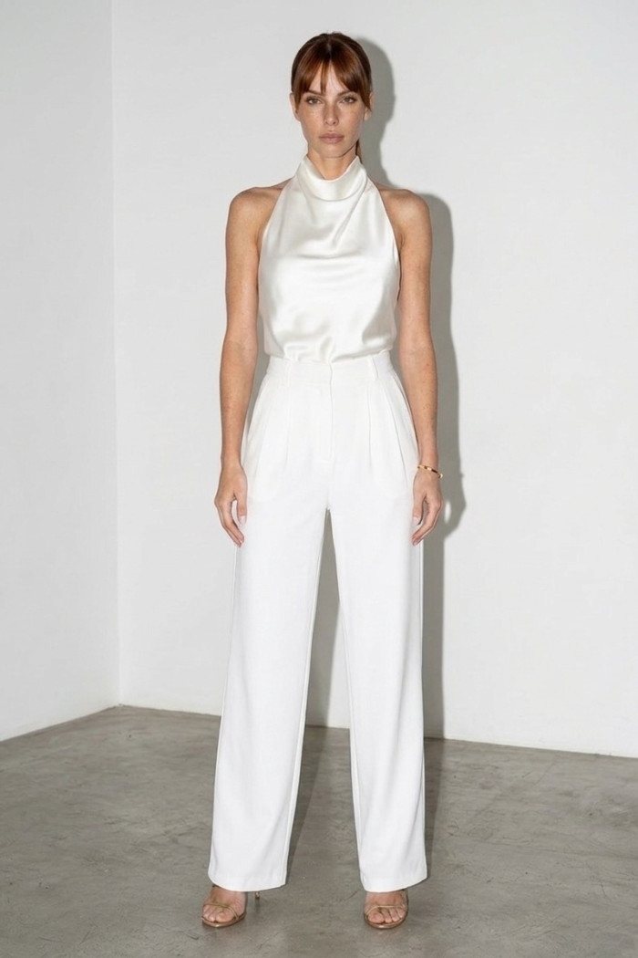 CALÇA PANTALONA LAURA PREGAS NUANCES - OFF WHITE